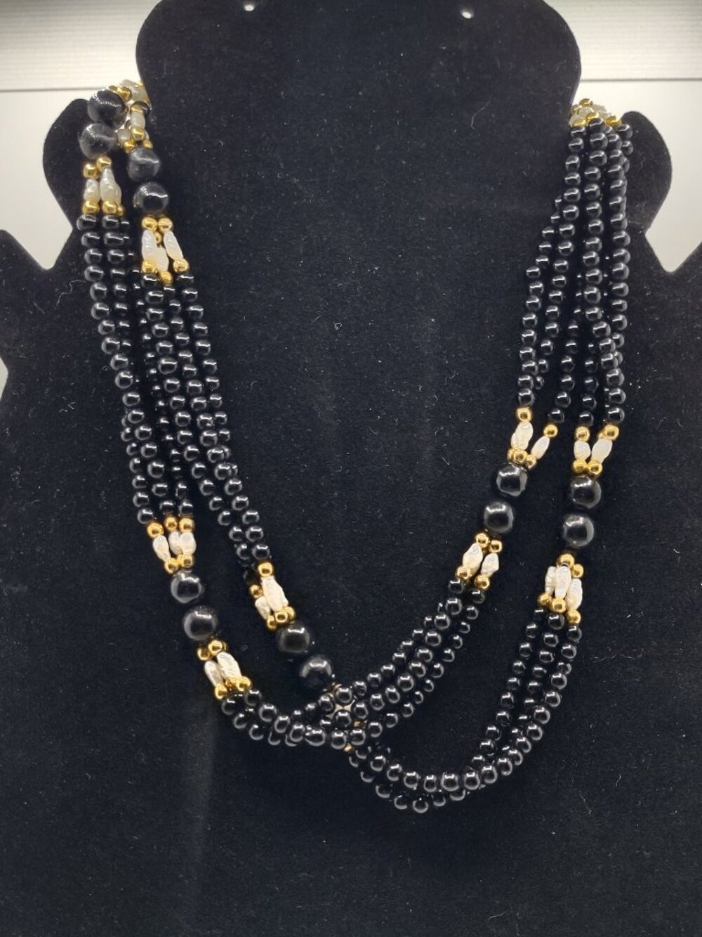 Necklace Black Onyx Beads + 10kt Gold Beads + Freshwater Pearls 30" Long